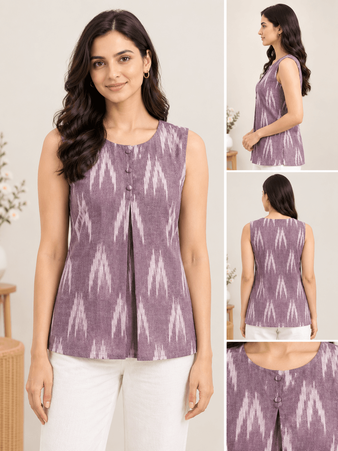 Women Pure Cotton Ikat Sleeveless Tops